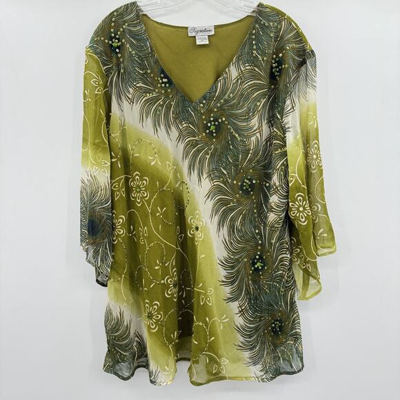 Women's Boho Beaded Flowy Tunic Top Sz 3X Green Fairy Artsy Gypsy Whimsical - Picture 1 of 10